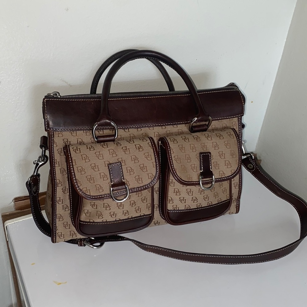 Dooney & Bourke Signature Fabric Double Pocket Tote Brown Leather